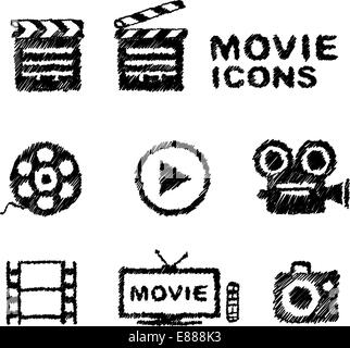 Hand drawn movie icon set isolated on white Stock Vector