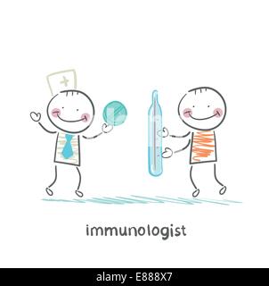 immunologist gives a pill to a patient with thermometer Stock Vector