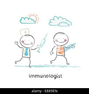 immunologist runs with a syringe for a patient with thermometer Stock Vector