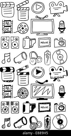 Hand drawn movie doodles / icon set isolated on white Stock Vector