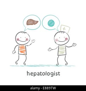 hepatologist says with a patient on the liver and tablets Stock Vector