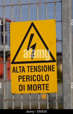 yellow danger high voltage sign in a Italian powerhouse Stock Photo