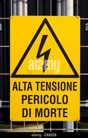 yellow danger high voltage sign in a Italian powerhouse Stock Photo