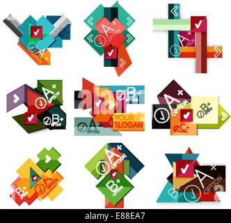 Flat infographic design concept set. Geometrical shaped blank templates with sample text. Can be used as infographic template, business card design, abstract geometric symbols, multipurpose web elements, mobile Stock Vector