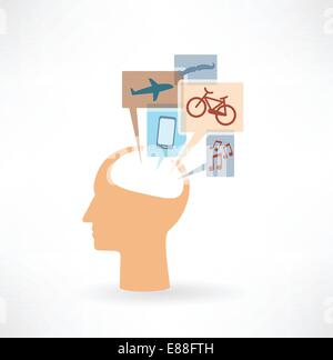 man thinking about mobile, mustache, airplane, music and bike icon Stock Vector