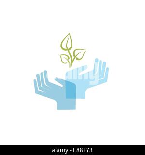 hand holding a sprouting plant and protects it Stock Vector