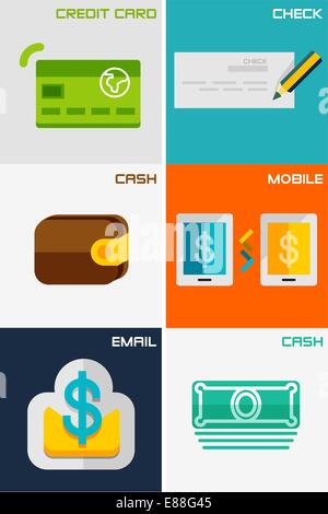 Set of flat design concepts - payment methods / solutions. Credit card, check, cash, email, mobile Stock Vector