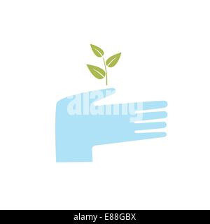 hand holding a sprouting plant and protects it Stock Vector