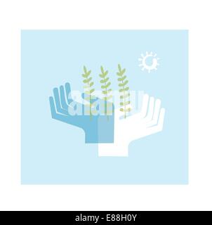 hand holding a sprouting plant and protects it Stock Vector
