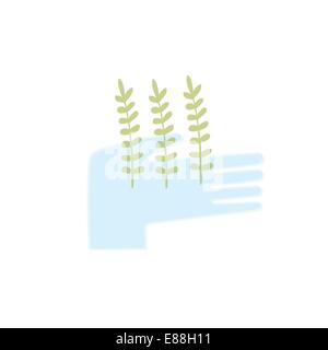 hand holding a sprouting plant and protects it Stock Vector