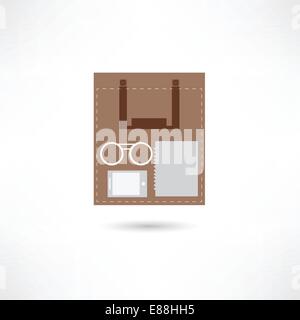 eyeglasses, e-book and sheet of paper inside the paper bag Stock Vector