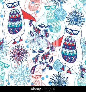 Christmas vector pattern with cute penguins and snowflakes Stock Vector