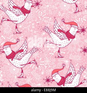 Christmas vector seamless pattern with cute skating birds Stock Vector