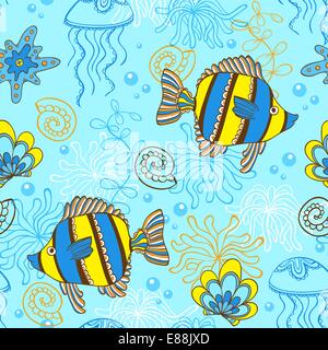 Vector marine seamless pattern with fishes and shells Stock Vector