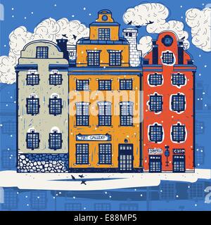 Vector illustration houses in the snow. Design element for postcard ...