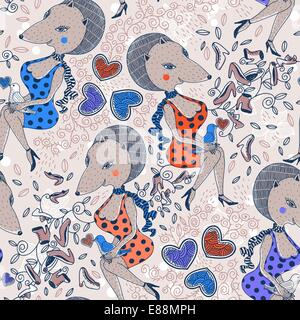 vector pattern with fancy foxes and fashion shoes Stock Vector