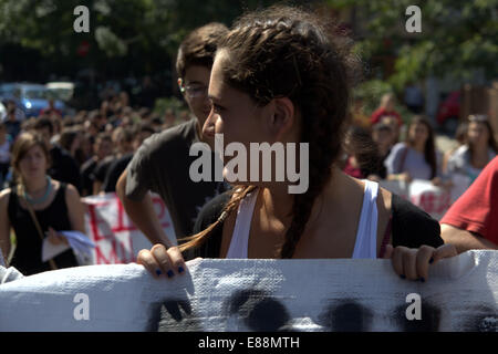 Thessaloniki, Greece, 2nd October,  2014. Around a hundred secondary school students hit the streets of Thessaloniki, Greece's second largest city, protesting a new law that came into effect last year, which the students say, caused a sharp increase in the fail rate. Credit:  Orhan Tsolak / Alamy Live Newsb Stock Photo