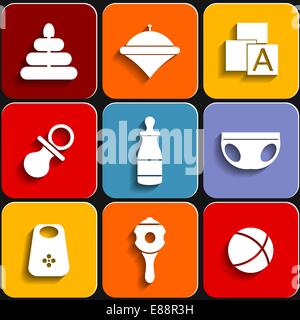 Set of icons on a children's flat colored background Stock Vector