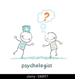Psychologist talking to a patient who thinks of a question mark Stock Vector