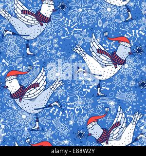 Christmas vector seamless pattern with cute  skating birds Stock Vector