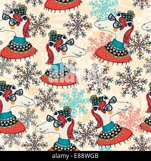 Christmas vector seamless pattern with funny horses and snowflakes Stock Vector