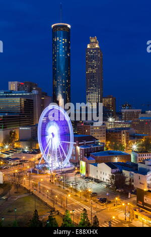 City skyline, elevated view over Downtown and the Centennial Olympic Park in Atlanta, Georgia, United States of America Stock Photo