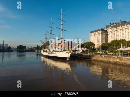View from the Puente de la Mujer of the Museo Fragata Sarmiento and river, Puerto Madero, Buenos Aires, Argentina Stock Photo
