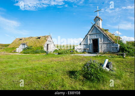 Traditional Viking buildings in the Norstead Viking Village and Port of Trade reconstruction, Newfoundland, Canada Stock Photo