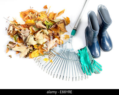 Pile of dead fall leaves, fan rake, pair of gumboots, and pair of gardening gloves all shot on white Stock Photo