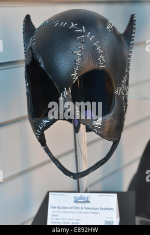 Westfield, Shepherds Bush, London, UK. 2nd October 2014. Cat Woman mask, Batman Returns. An exhibition of collectable movie memorabilia from classic movies that will be auctioned, films include; Star Wars, The Shining, Batman etc. The auction takes place on the 16th October. Credit:  Matthew Chattle/Alamy Live News Stock Photo
