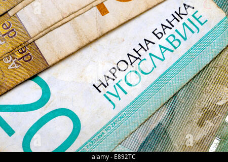 'National Bank of Yugoslavia' in Cyrillic on old Serbian currency (20 Dinars) Stock Photo