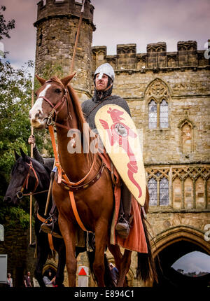 Battle, East Sussex, UK. 2nd October, 2014. Norman Cavalry scouts arrived at Battle Abbey today after a two day ride from Pevensey Castle ahead of English Heritage's Battle of Hastings re-enactment, which returns to Battle Abbey on the 11th and 12th October. The riders travelled approximately 17 miles over two days, from the area where the invading Norman army landed at the end of September 1066, to the battle site. Credit:  Jim Holden/Alamy Live News Stock Photo