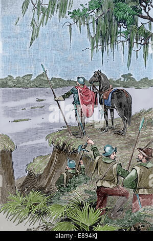 Hernando De Soto (1496-1542) discovering the Mississippi river, May 21st 1541. Engraving. Later colouration. Stock Photo