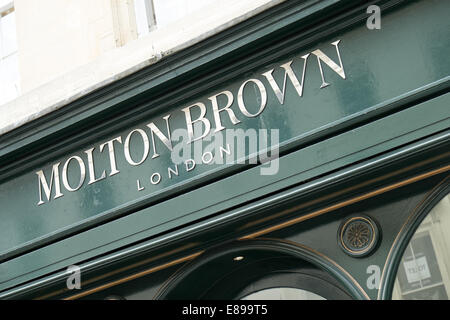 The sign outside the quintessentially English Molton Brown store in the city centre of Bath, Somerset, UK Stock Photo