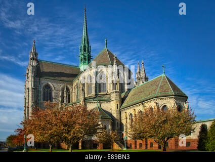 An early morning exterior view of the Cathedral Basilica of the Sacred Heart located in Newark, New Jersey. Stock Photo