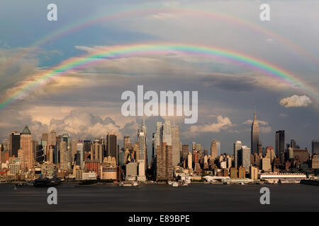 Rainbows over the New York City Skyline after a Thunder Storm. Stock Photo