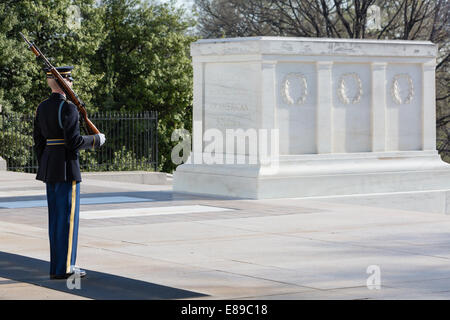 The Tomb of the Unknowns at Arlington National Cemetery in Arlington, VA, is also known as the Tomb of the Unknown Soldier with guard. Stock Photo