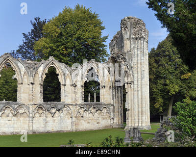 View of ruins on St Marys Abbey. Museum Gardens, York, North Yorkshire, UK. Stock Photo
