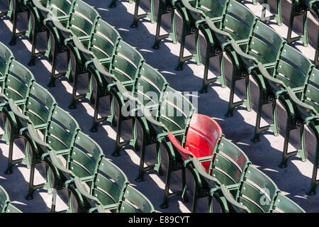 The lone red seat in the right field bleachers at Fenway Park in Boston.