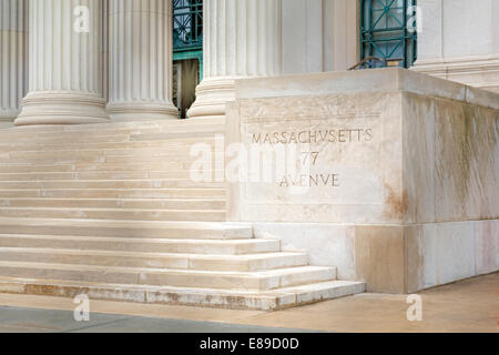 Neoclassical architecture columns and stairs to the entrance of the Massachusetts Institute of Technology in Cambridge, Massachusetts. MIT was informally called 'Boston Tech'. Stock Photo