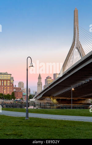 A view from Paul Revere Park to the Custom House Clock Tower and the Leonard P. Zakim Bunker Hill Memorial Bridge in Boston, Massachusetts. Stock Photo