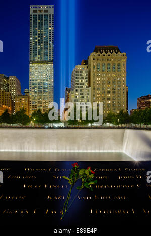 Ground Zero - 911 Tribute In Lights Memorial from Ground Zero with one of the two reflecting pools and the two beams of lights shinning high into the blue sky during twilight. All of the names of the victims from the September 11, 2001 and 1993 terror attacks are inscribed around the reflecting pools. The red roses where placed on the bronze panel edging the pool as a sign of remembrance. We will never forgot! Stock Photo