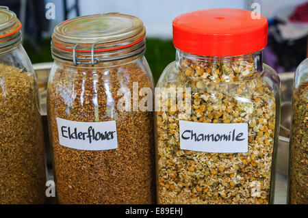 dry elderflower and chamomile in jars Stock Photo