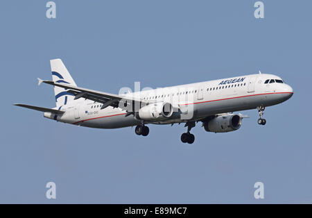 Aegean Airlines Airbus A321-200 (SX-DVO) arrives London Heathrow Airport, England. Stock Photo
