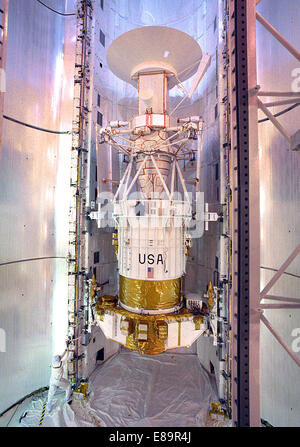 The Magellan spacecraft with its attached Inertial Upper Stage booster is in the orbiter Atlantis payload bay prior to closure of the doors at T-3 days to launch from pad 39B. Launch of Magellan and Space Shuttle Mission STS-30 was targeted for Friday, April 28, 1989, but was scrubbed at T-31 seconds.  After repairs were made the launch happened on May 4, 1989.  Image # : 89PC-0469  Date: April 25, 1989 Stock Photo