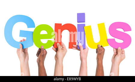 Diverse Hands Holding The Word Genius Stock Photo