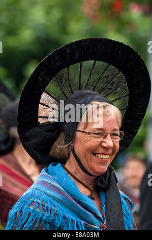 Traditional Swiss costume, woman wearing a Radhaube headdress from the canton of Thurgau, Trachtenfest Interlaken costume Stock Photo