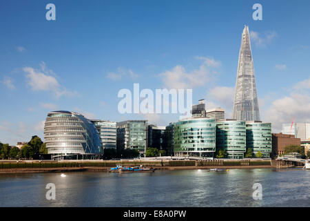 Promenade on the River Thames with City Hall and Shard skyscraper, London, England, United Kingdom Stock Photo