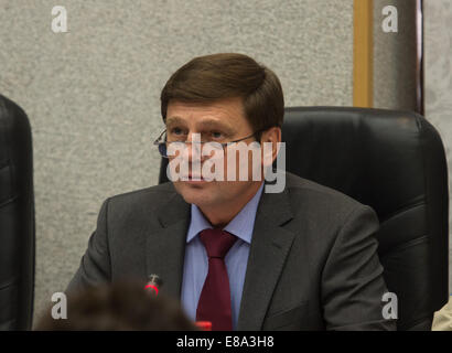 Oleg Ostapenko, General Director of the Russian Federal Space Agency (Roscosmos), makes remarks during the State Commission meet Stock Photo