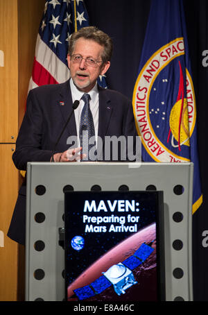 Dr. Jim Green, NASA‘s Planetary Science Division Director and Head of Mars Program, gives opening remarks at a media briefing where panelist outlined activities around the Sunday, Sept. 21 orbital insertion at Mars of the agency’s Mars Atmosphere and Vola Stock Photo